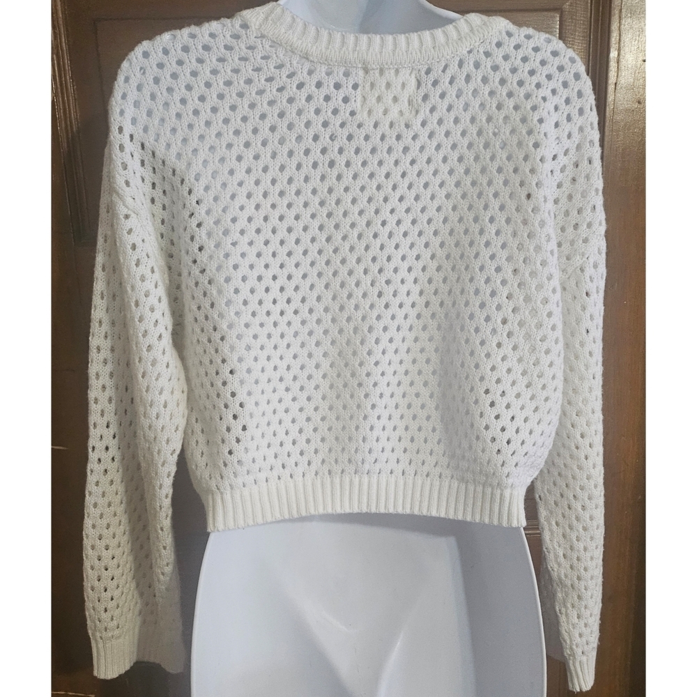 No Comment Open Knit Cropped Long Sleeve Off White Sweater - Picture 8 of 10